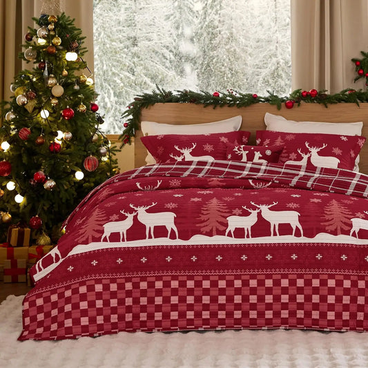 Christmas Quilt Bedding Set – Red, King Size, Reversible