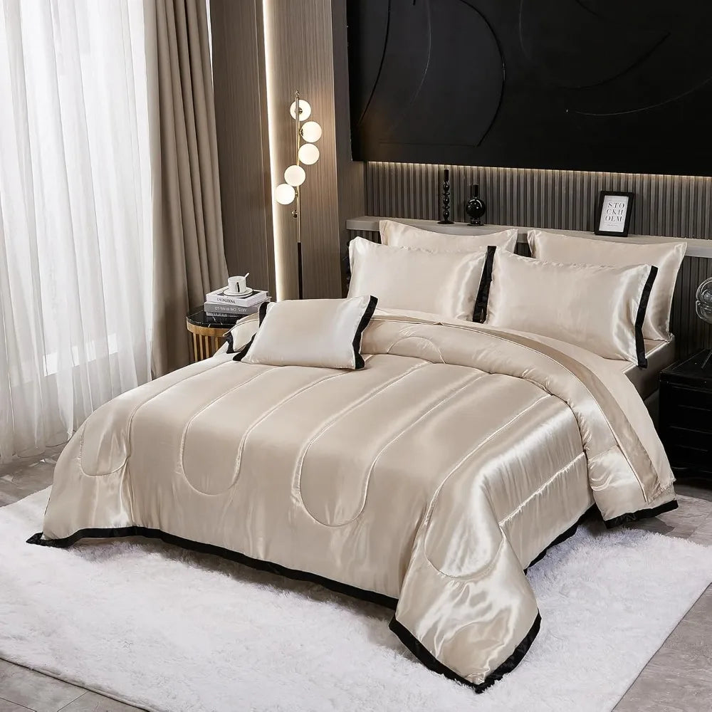 Luxury Satin King Comforter Set – Beige & Black Ruffle Bedding