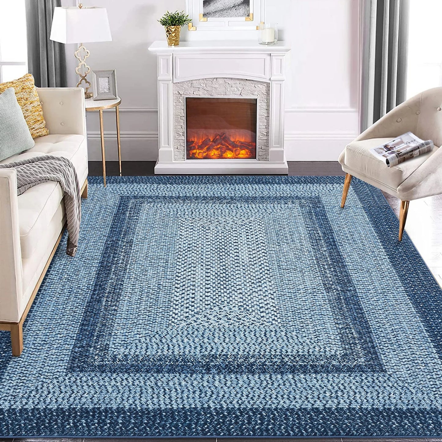 Braided Print Washable Area Rug – Soft Low Pile Non-Slip Carpet