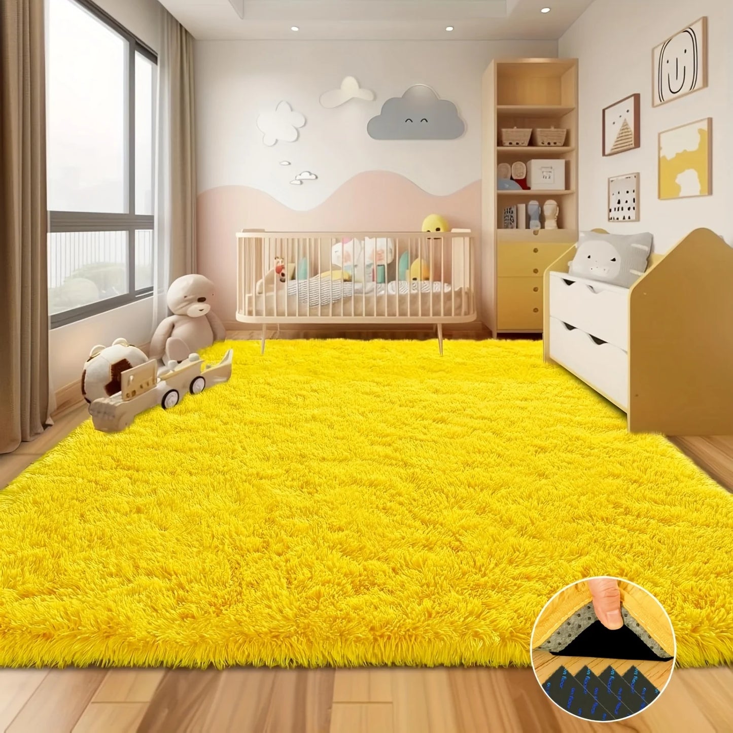 Decor Rug, Yellow Soft Shaggy Non-Slip Rugs – Luxury Plush Carpet with 4 Rug Stickers