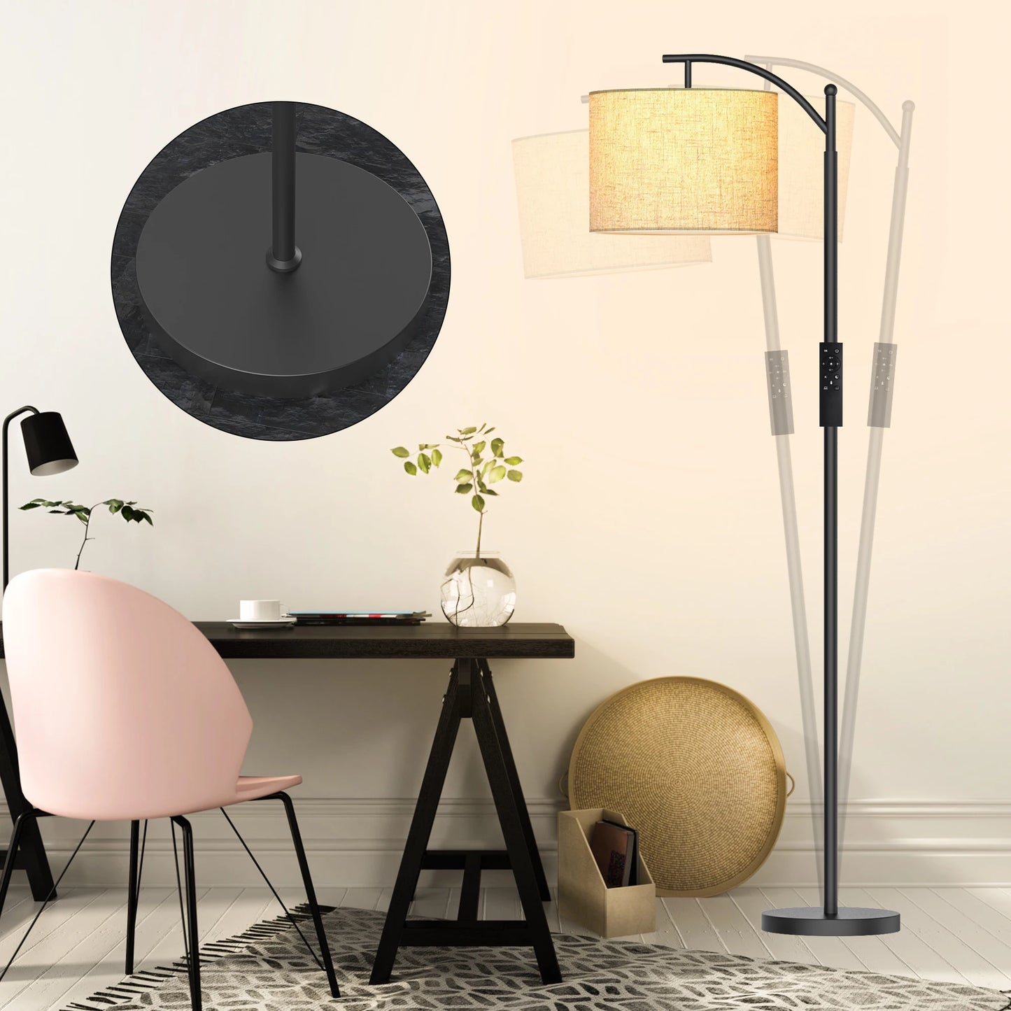 62-Inch Arched Floor Lamp – Remote-Controlled Dimmable LED with Bulb Included