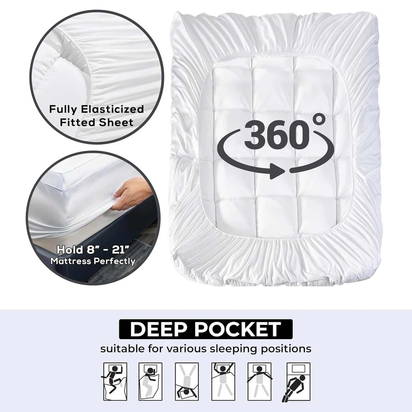 Extra Thick Mattress Topper Overfilled Down Alternative Cooling Ergonomic Support for Back Pain