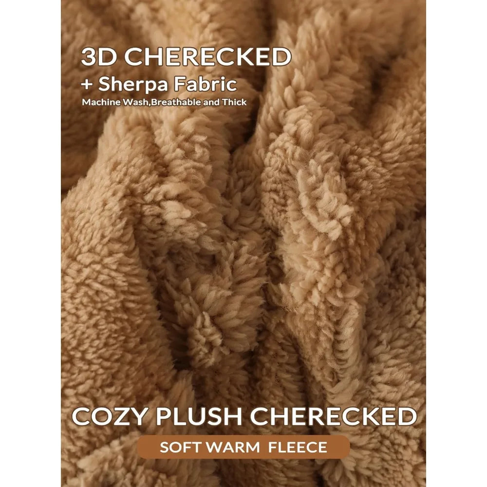 Sherpa Comforter Set – Queen Size Beige Checkered Bedding with Pillow Covers