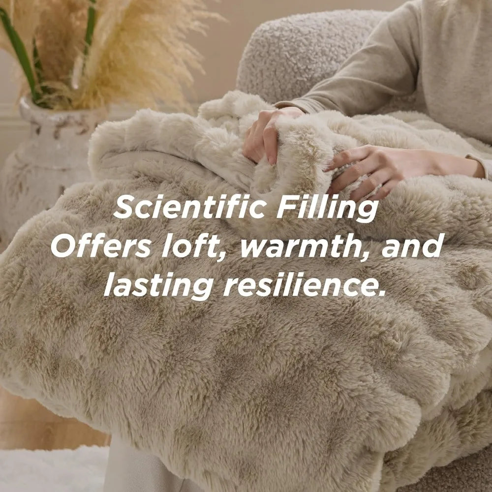 King Size Light Beige Faux Fur Fluffy Comforter Set – Plush Shaggy Bubble Bedding