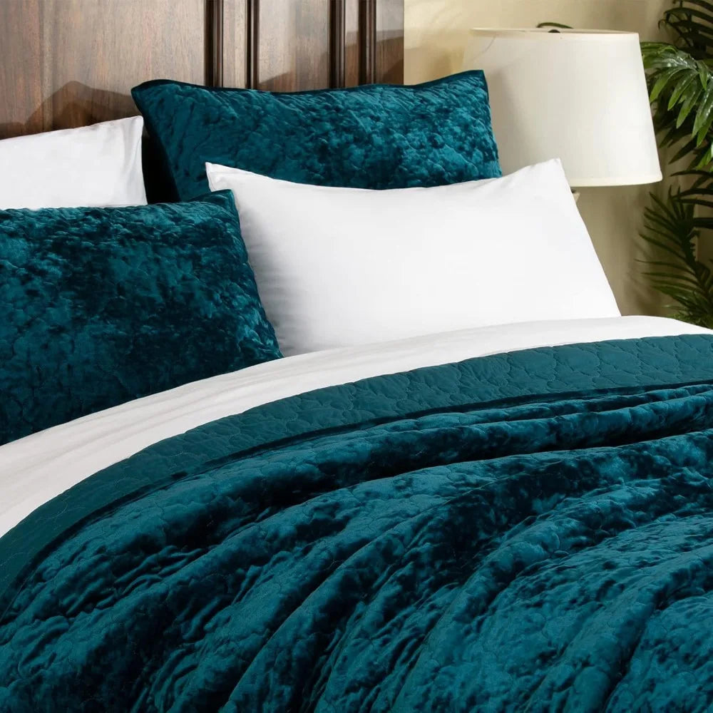 Luxurious Crushed Velvet Diamond-Stitch Quilt Set – Soft Modern Bedding for King/Cal King