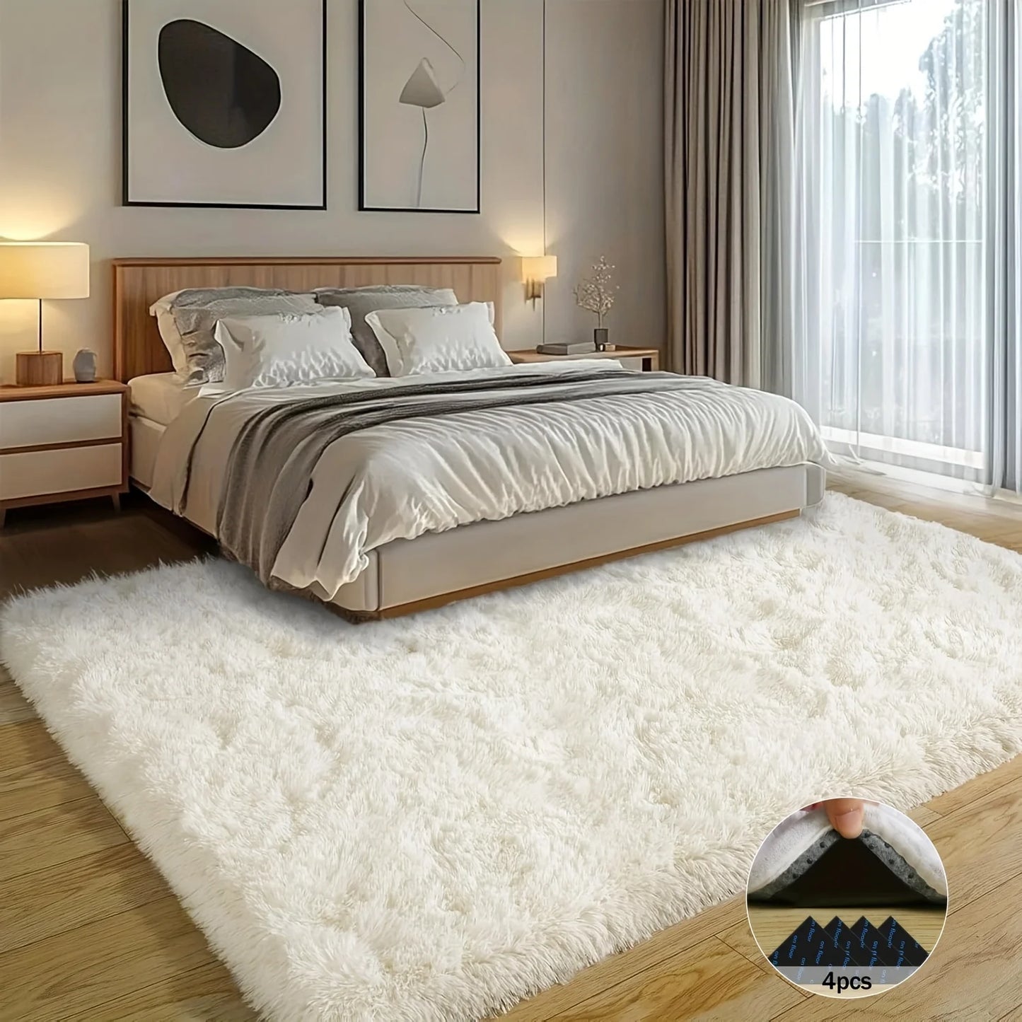 Off-White Soft Shag Rug Luxury Plush Non-Slip Carpet with 4 Stickers