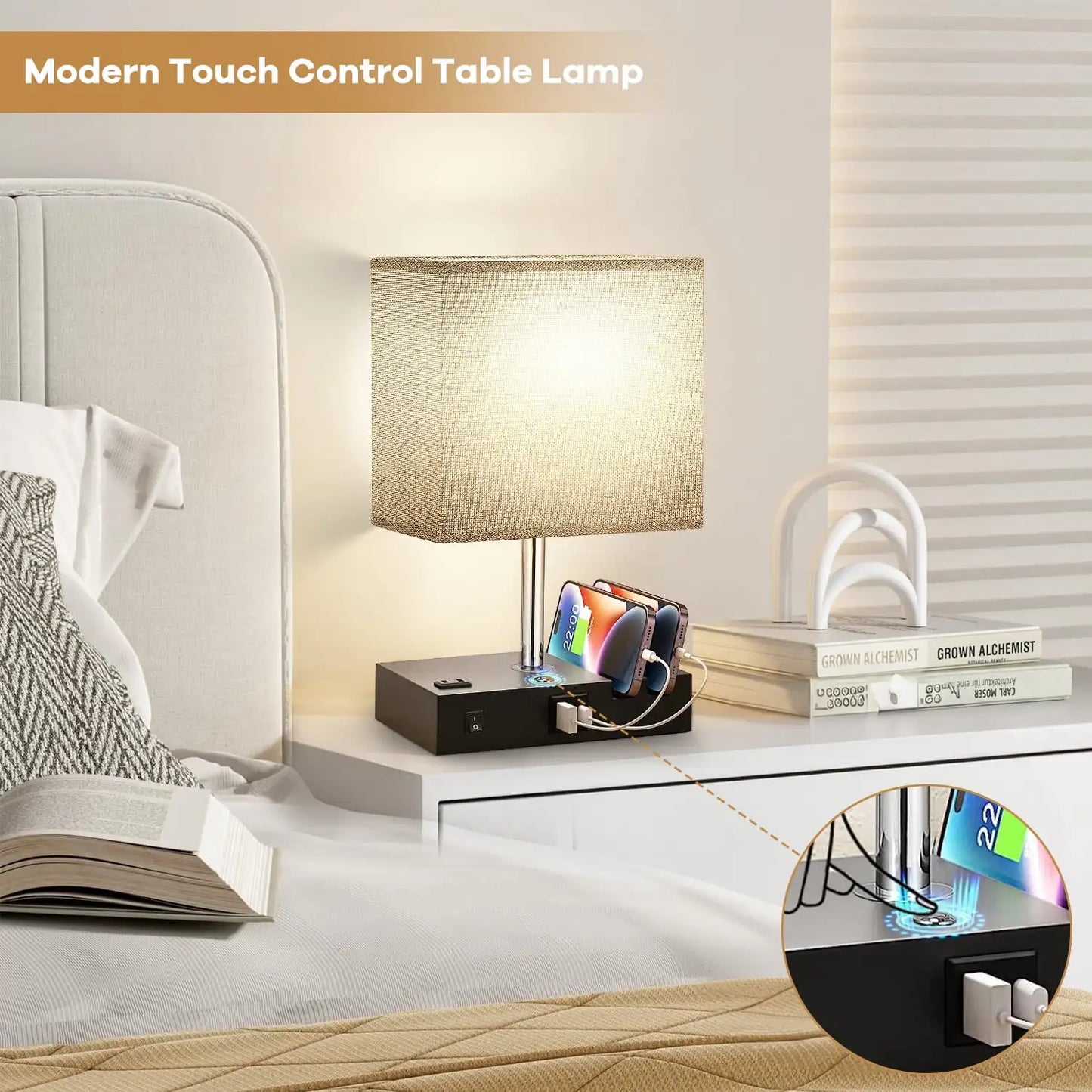 Bedside Table Lamp with USB & AC Outlet – 3-Level Dimmable Touch Desk Lamp
