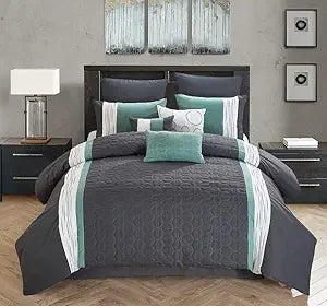 7-Piece Embroidered Oversized Comforter Set – Elegant Purple & Grey All-Season Bedding