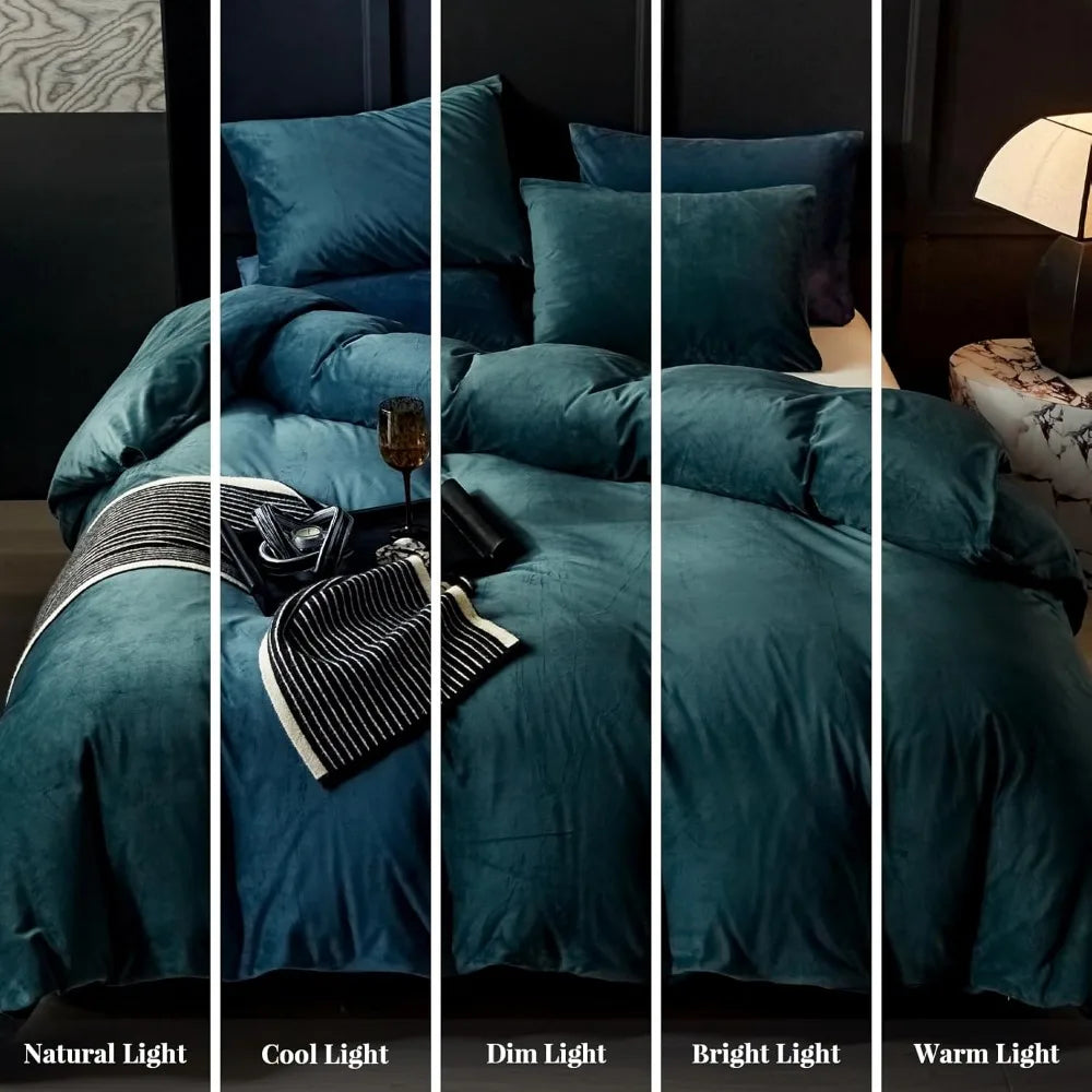 Peacock Blue Velvet Duvet Cover Set – Ultra-Soft Textured 3-Piece King Bedding