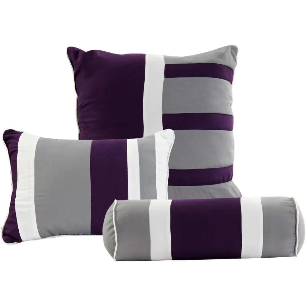 7-Piece Embroidered Oversized Comforter Set – Elegant Purple & Grey All-Season Bedding