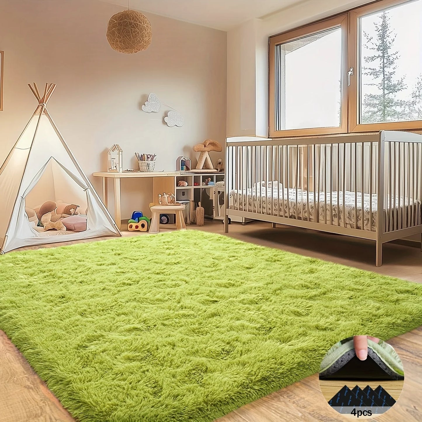 Room Decor Rug – Grass Green Soft Shaggy Non-Slip Luxury Plush Carpet with 4 Rug Stickers