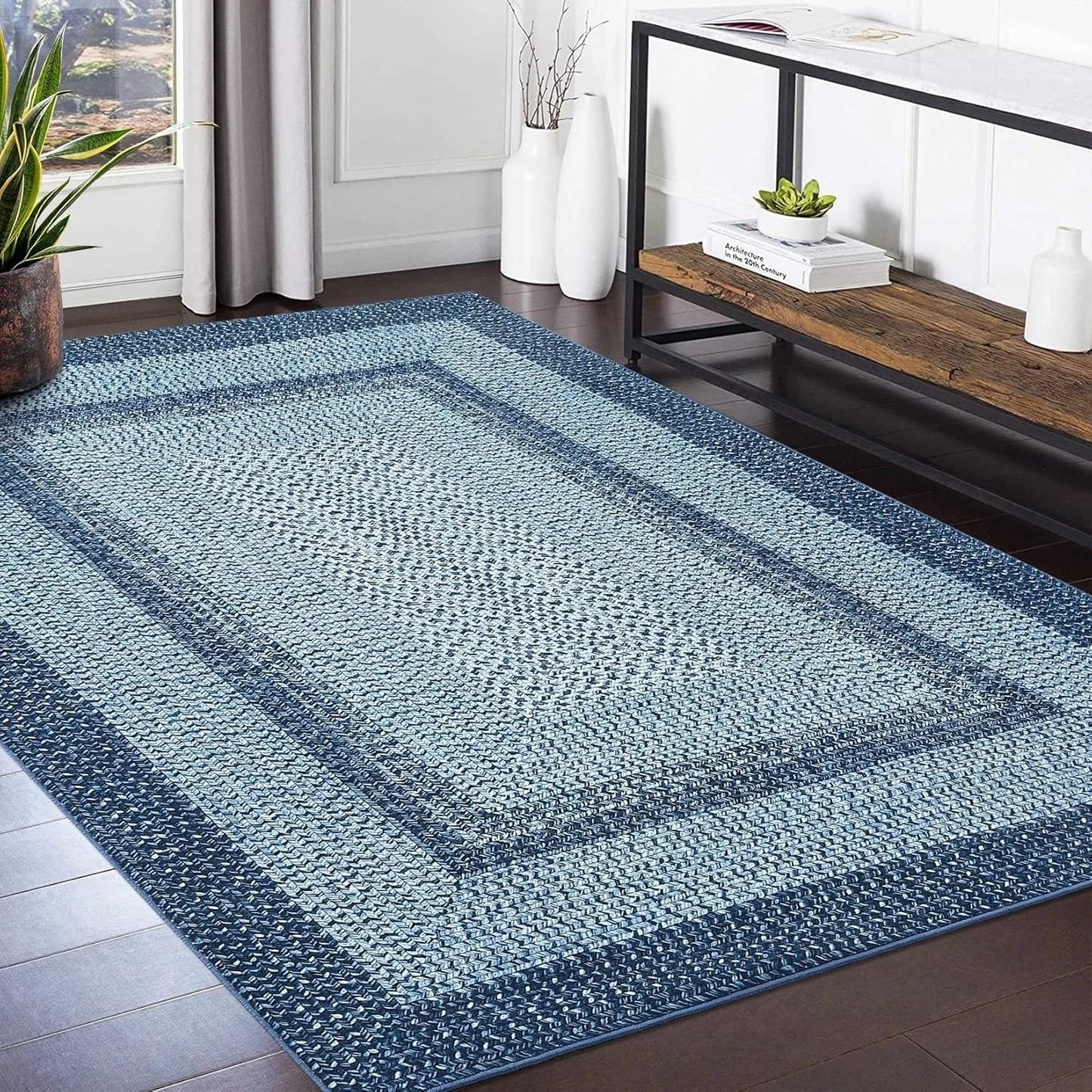 Braided Print Washable Area Rug – Soft Low Pile Non-Slip Carpet