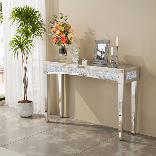 47.2" Mirrored Silver Console Table with Crystal Inlay – Modern Chic Sofa Table for Living Room, Entryway, or Foyer