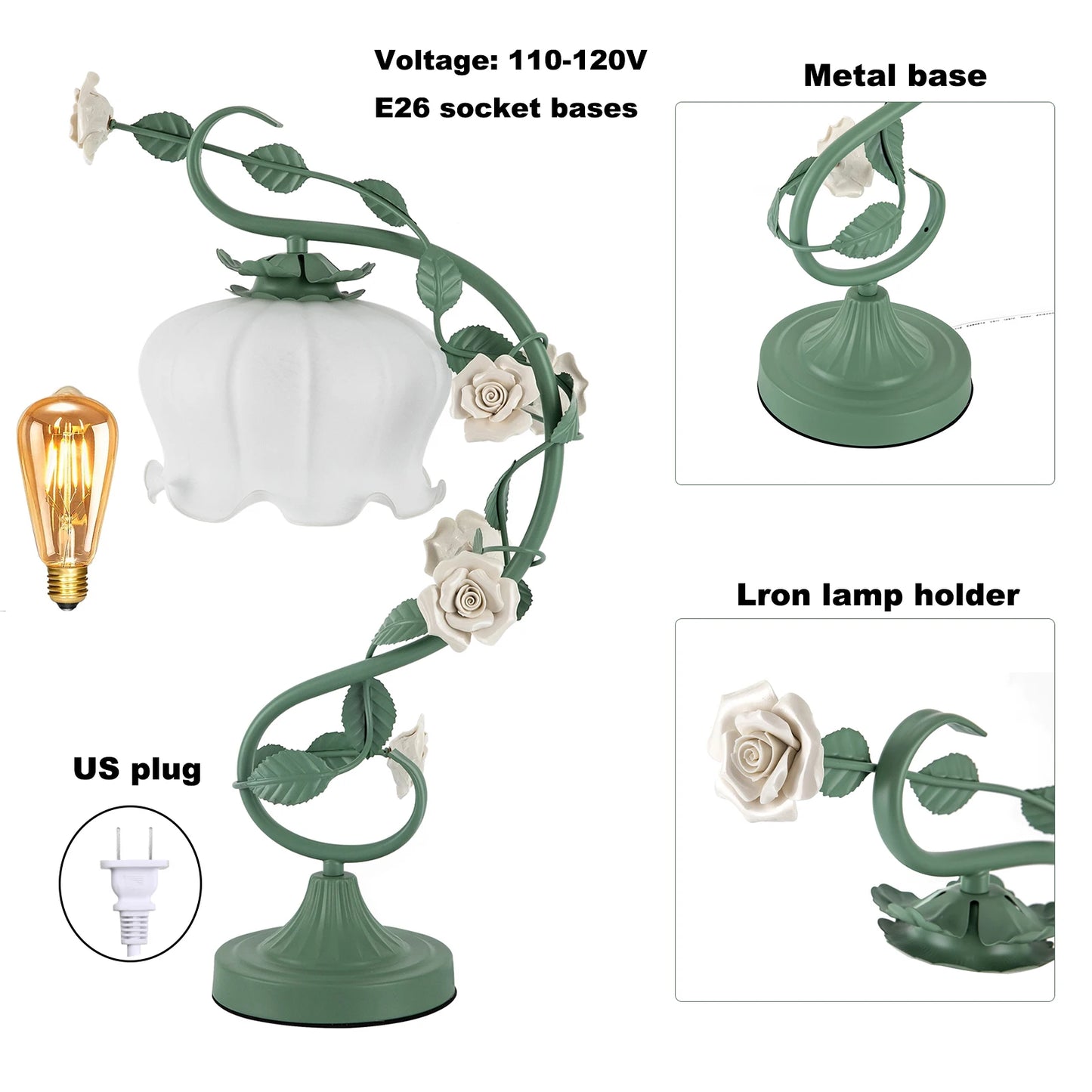 Flower Petal Table Lamp – White Rose Nightstand Lamp with Glass Shade, 20-Inch Bedside Desk Light