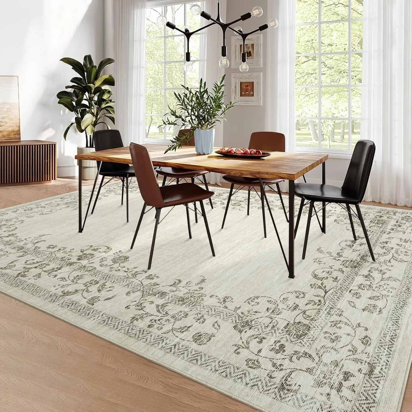 Washable Area Rug Farmhouse Floral Border Soft Indoor Carpet for Bedroom Living Room Dining Room Office