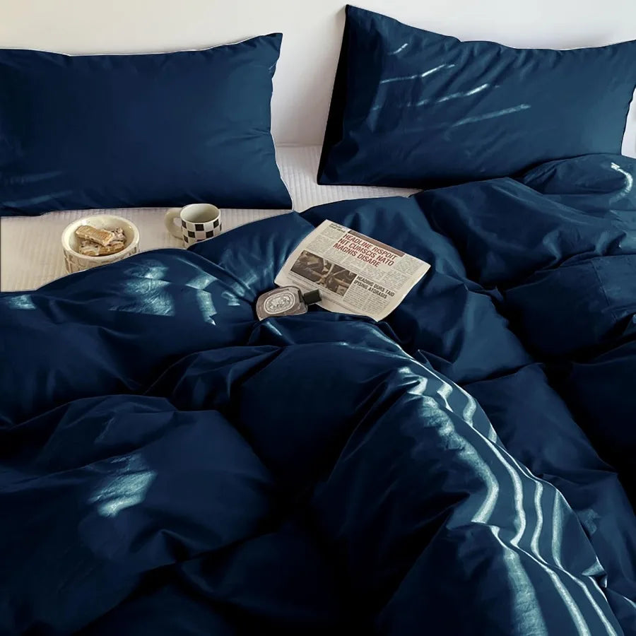Navy Blue Duvet Cover Set – Queen Size, 3-Piece Comforter Cover