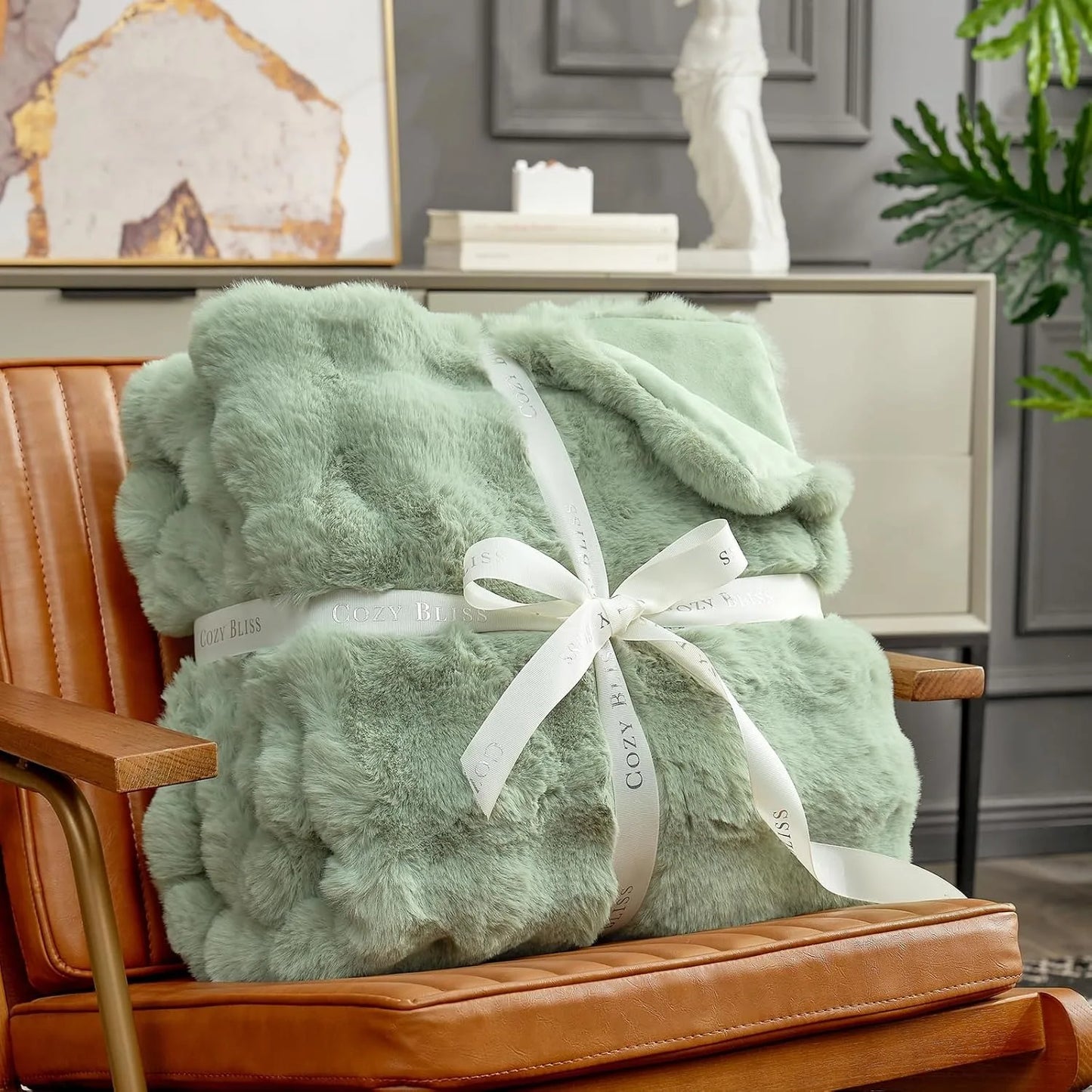 Sage Green Faux Fur Throw Blanket – 50x60 Inches, Soft & Plush