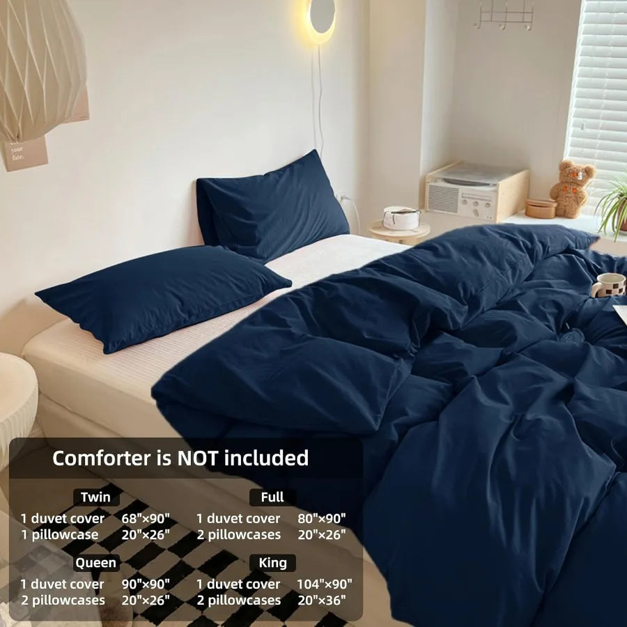 Navy Blue Duvet Cover Set – Queen Size, 3-Piece Comforter Cover