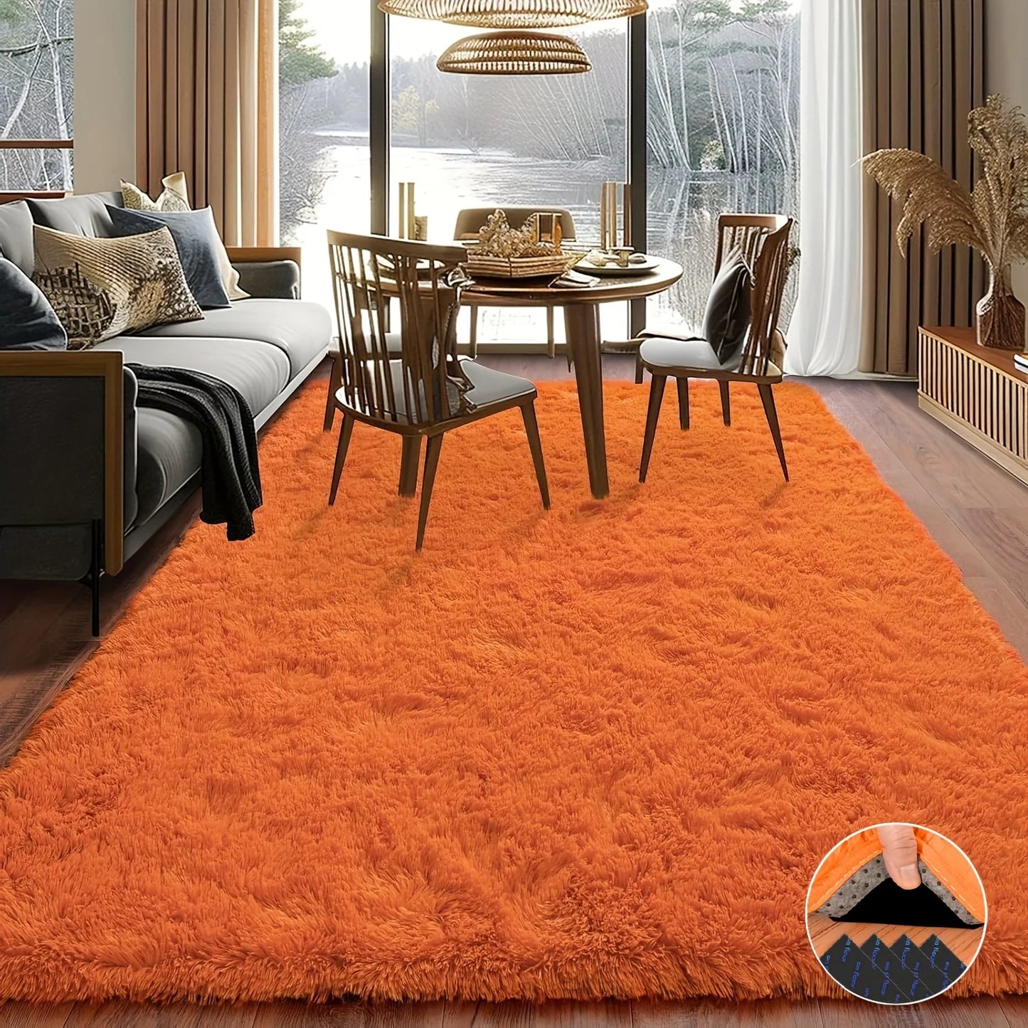 Orange Soft Shag Rug Luxury Plush Non-Slip Carpet with 4 Stickers