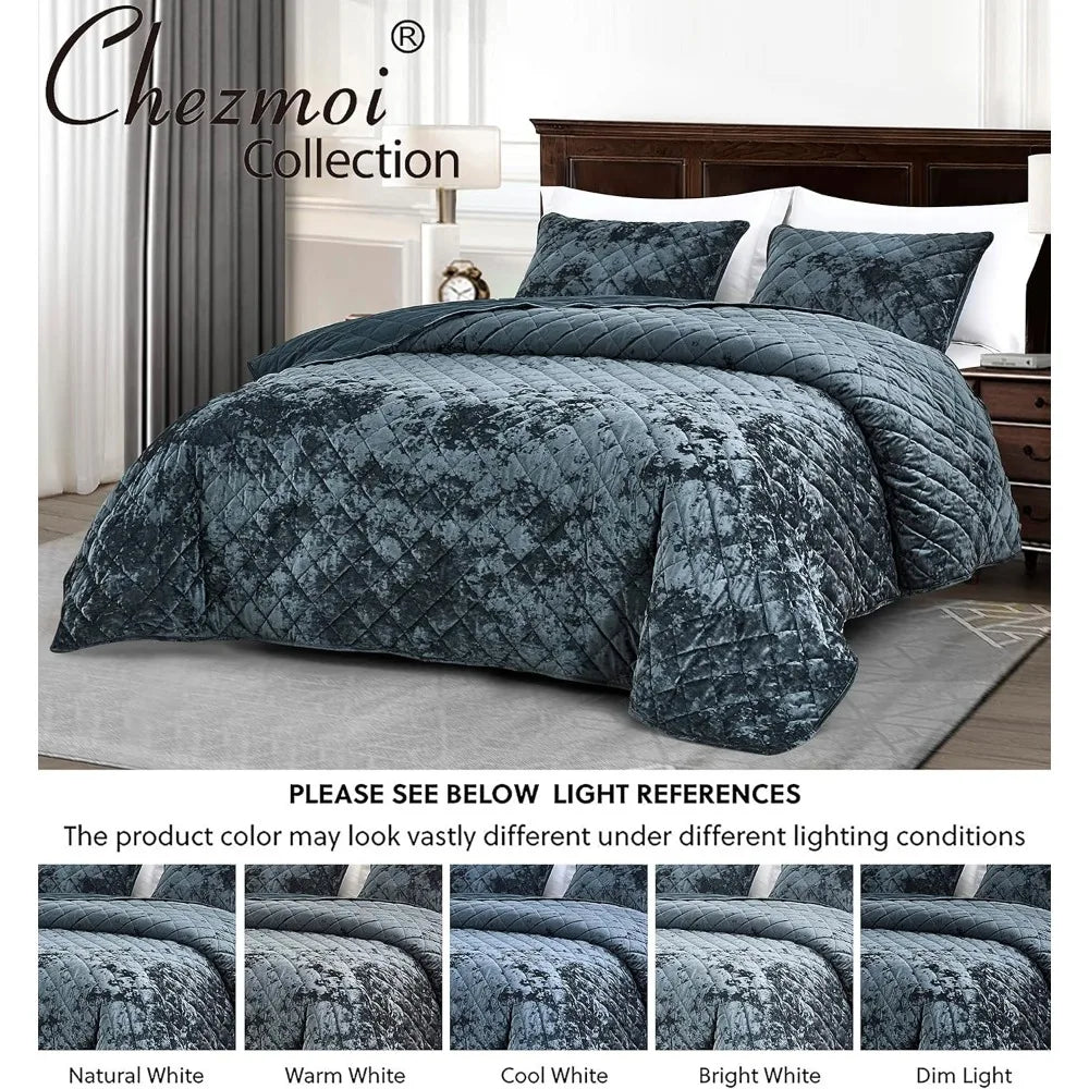 Luxury Storm Blue Velvet Comforter Set – Queen, 3-Piece, Geometric, All-Season