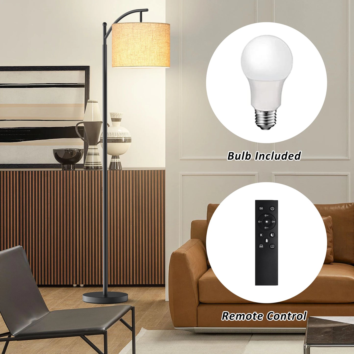 62-Inch Arched Floor Lamp – Remote-Controlled Dimmable LED with Bulb Included