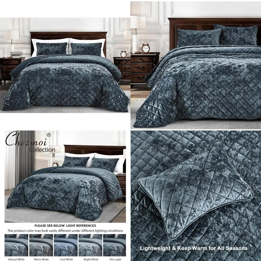 Luxury Storm Blue Velvet Comforter Set – Queen, 3-Piece, Geometric, All-Season