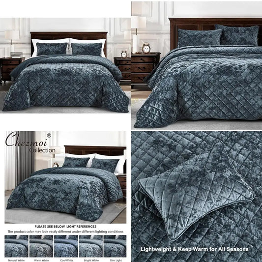 Luxury Storm Blue Velvet Comforter Set – Queen, 3-Piece, Geometric, All-Season
