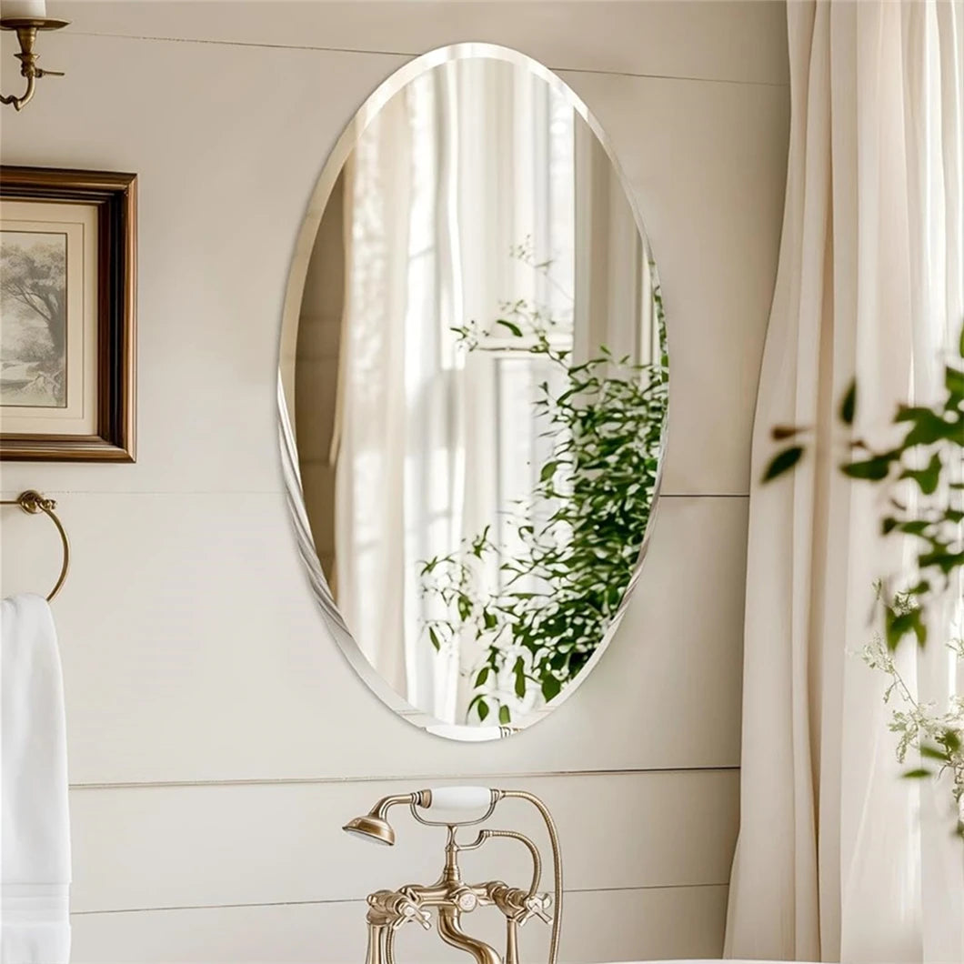 Frameless Oval Wall Mirror with Beveled Silver Edge – High-Definition Elliptical Vanity Mirror for Bathroom, Bedroom & Living Room