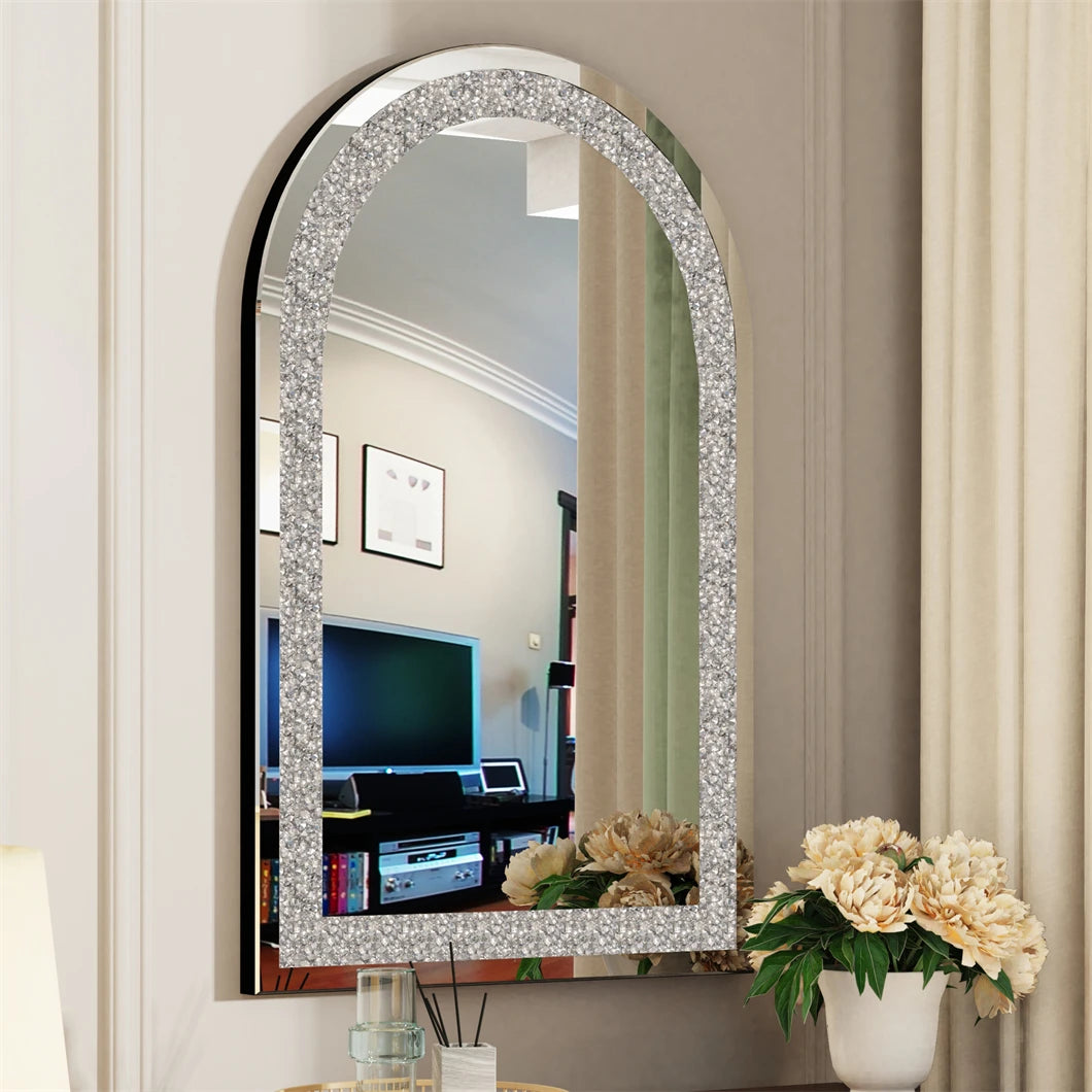 Large Crystal Diamond Wall Mirror – 23.6 x 35.4 in Silver Beveled Glass Mirror for Living Room, Bedroom, or Hallway