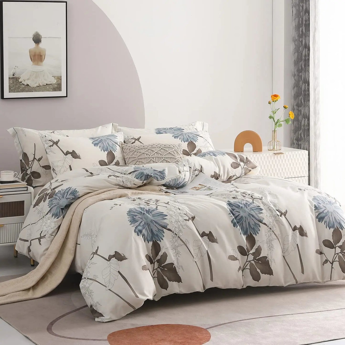 Floral Cotton Comforter Set – 600 Thread Count Down Alternative Bedding with Botanical Branch Design