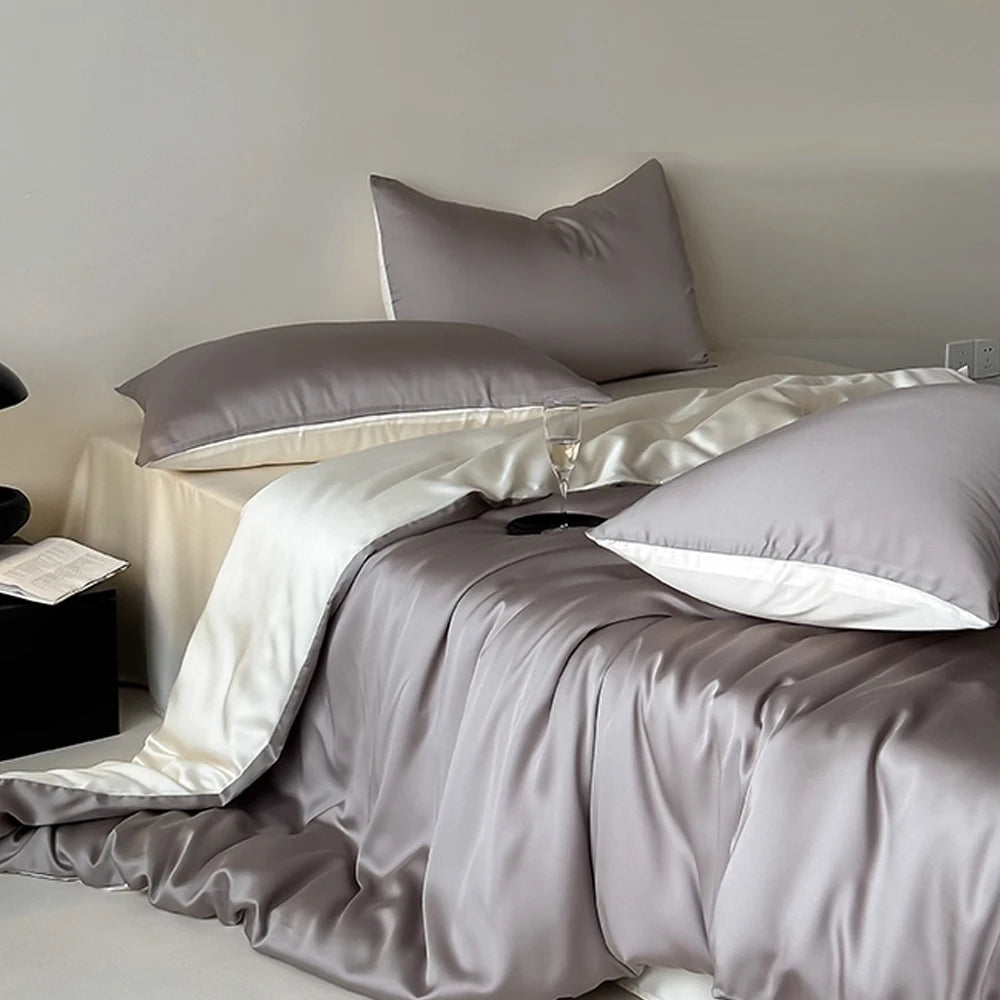 Liv Esthete 100% Silk 4-Piece Bedding Set – White Blue | Duvet Cover, Flat Sheet & 2 Pillowcases