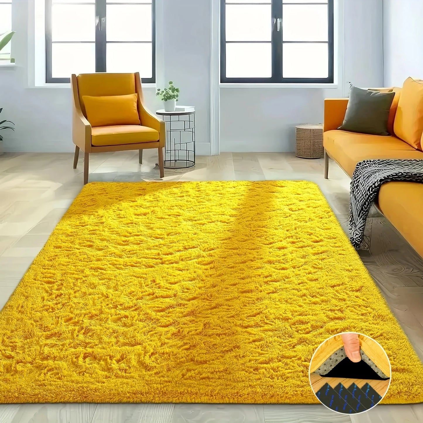 Decor Rug, Yellow Soft Shaggy Non-Slip Rugs – Luxury Plush Carpet with 4 Rug Stickers