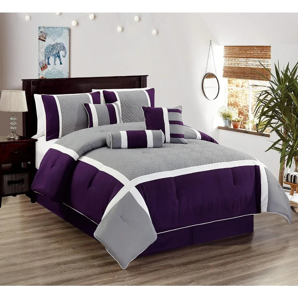 7-Piece Embroidered Oversized Comforter Set – Elegant Purple & Grey All-Season Bedding