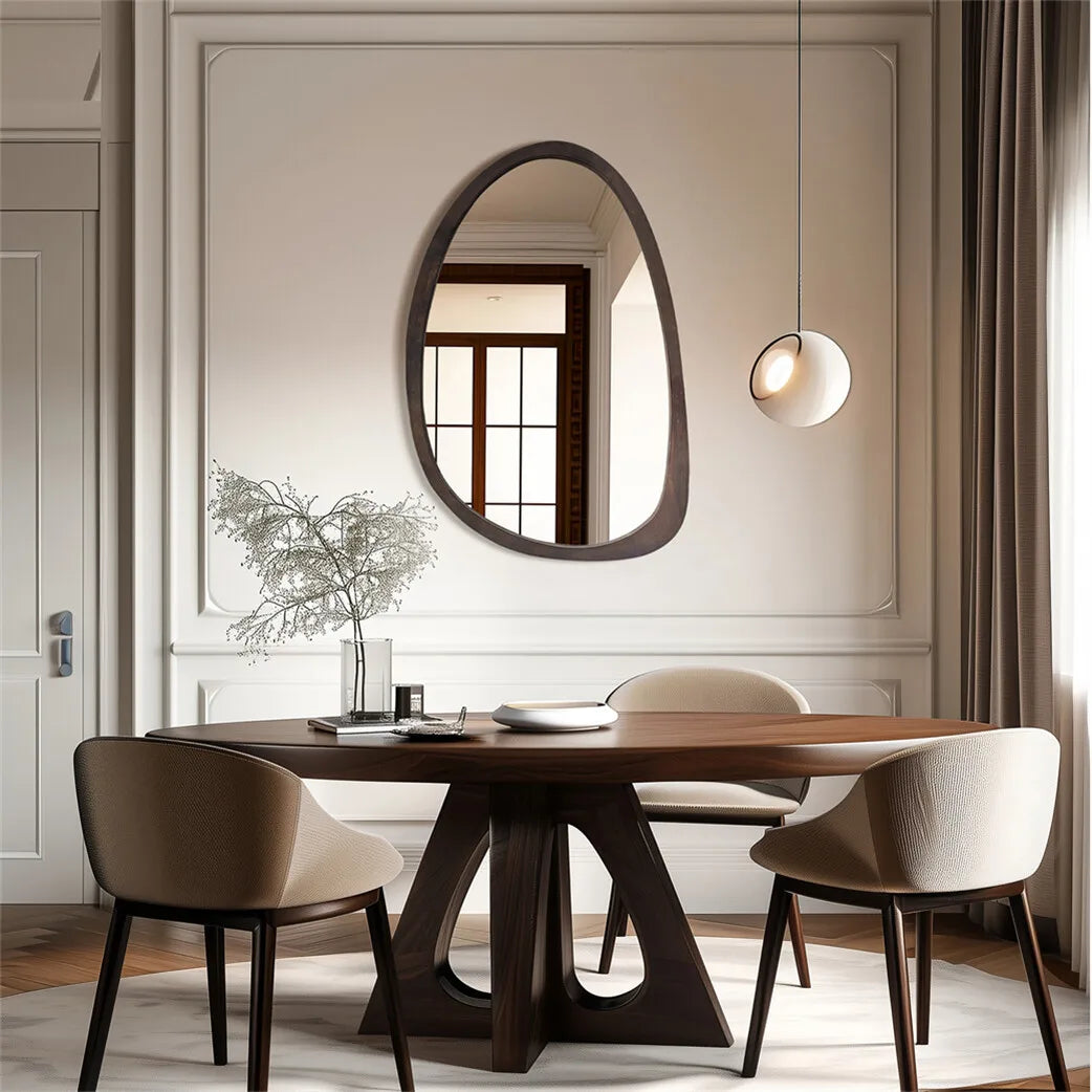 Irregular Decorative Wall Mirror with Black Walnut Wood Frame – Modern Asymmetrical Accent Mirror