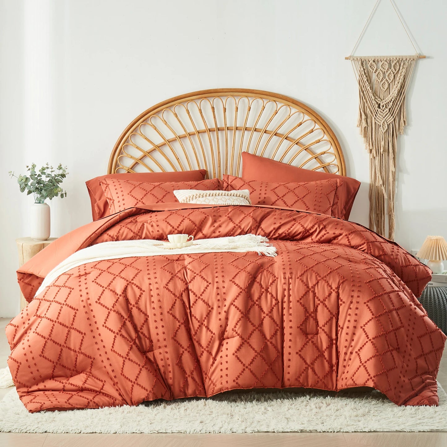 Tufted Boho Comforter Set – Farmhouse Shabby Chic Embroidery, Soft Jacquard