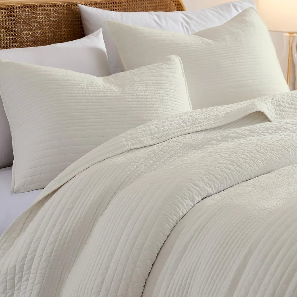 California King 3-Piece Cotton Quilt Set – Striped Wheat | Lightweight, Breathable & Year-Round Comfort