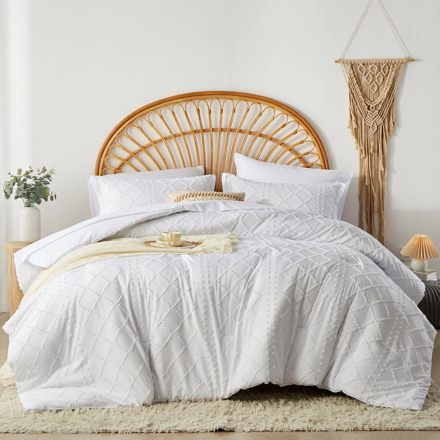 Tufted Boho Comforter Set – Farmhouse Shabby Chic Embroidery, Soft Jacquard