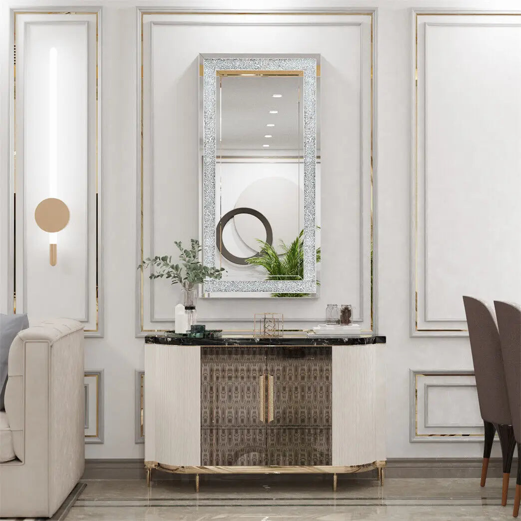 120x60cm Crystal Crush Diamond Wall Mirror – Silver Rectangular Decorative Mirror for Bathroom, Bedroom, Dining Room, and Living Room