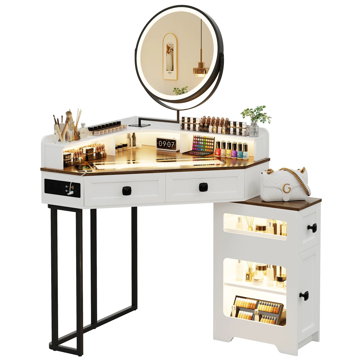 Corner Vanity Desk with Mirror & Lights – Modern Makeup Station