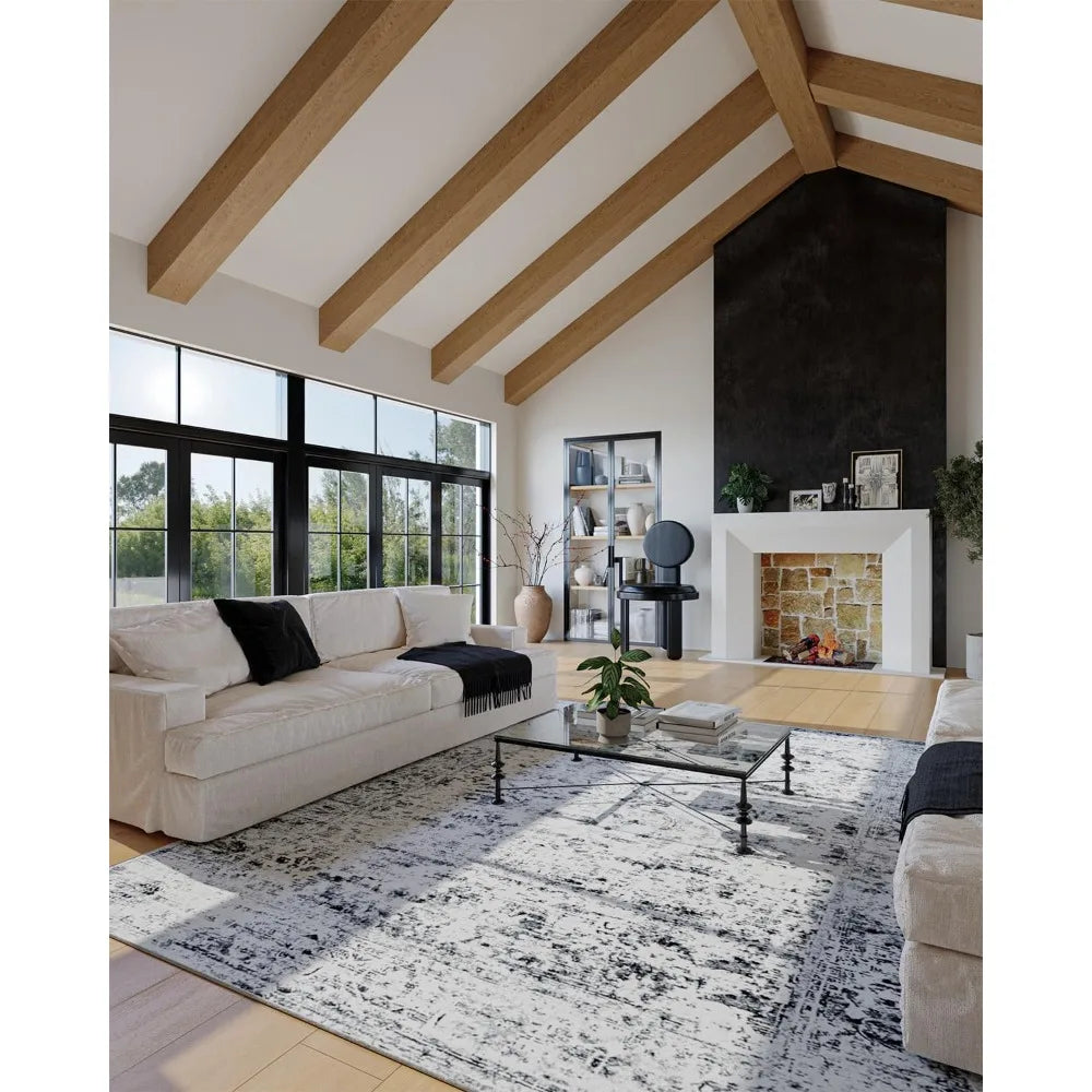 Large 8x10 Living Room Rug – Washable Grey and White Vintage Abstract Boho Low Pile Carpet with Non-Slip Backing