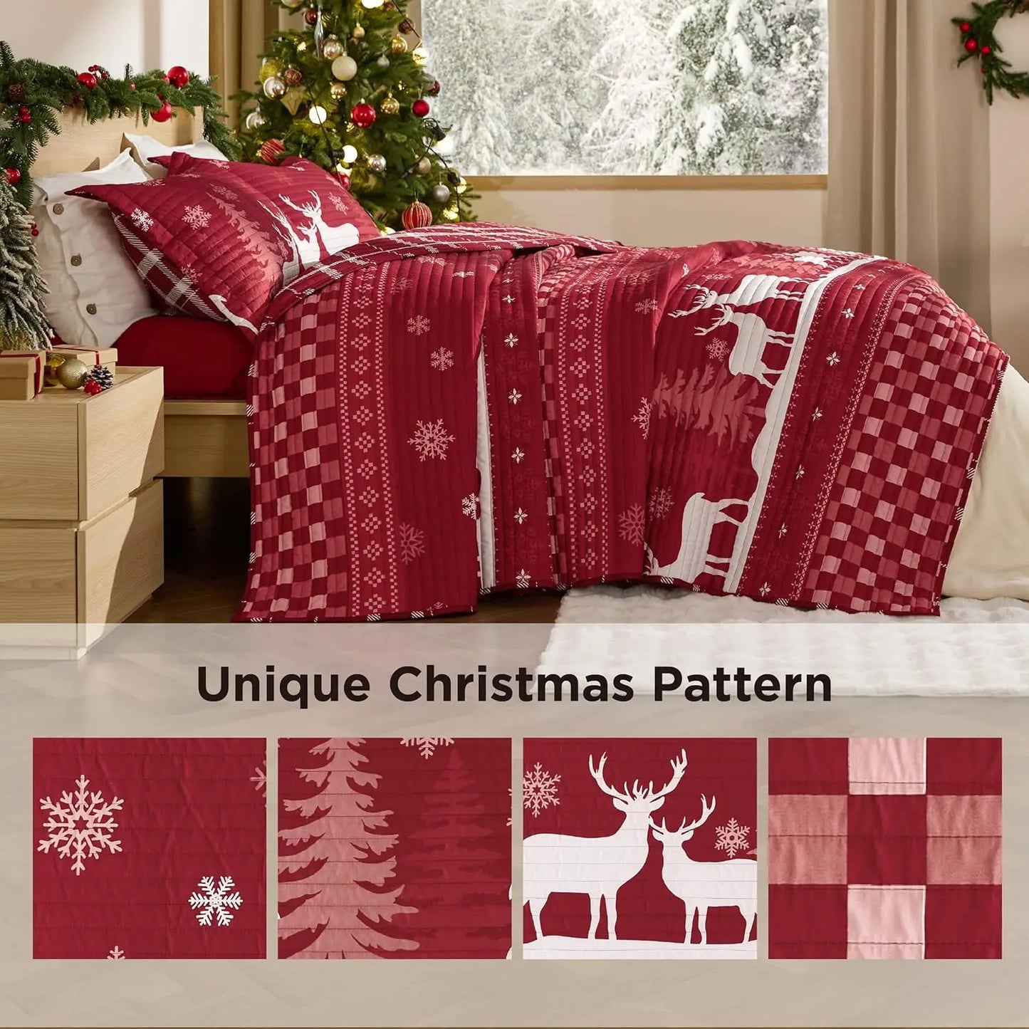 Christmas Quilt Bedding Set – Red, King Size, Reversible