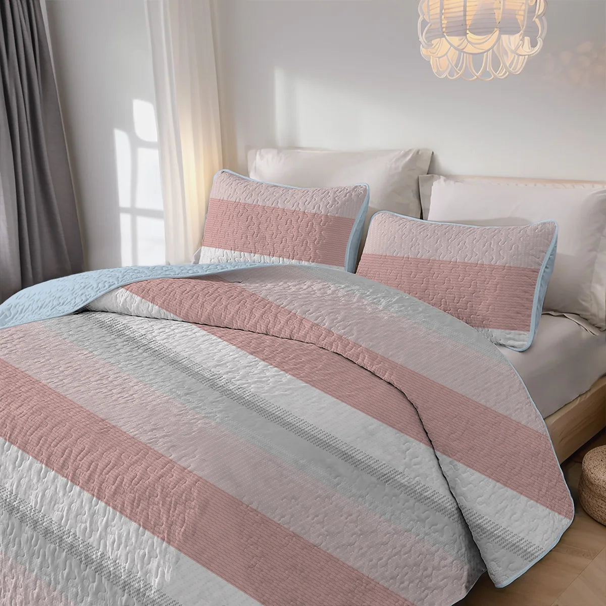 🛏️ 2/3-Piece Geometric Stripes Printed Quilt Set – Cal King Size  Durable | Breathable | Unique Summer Bedding Set
