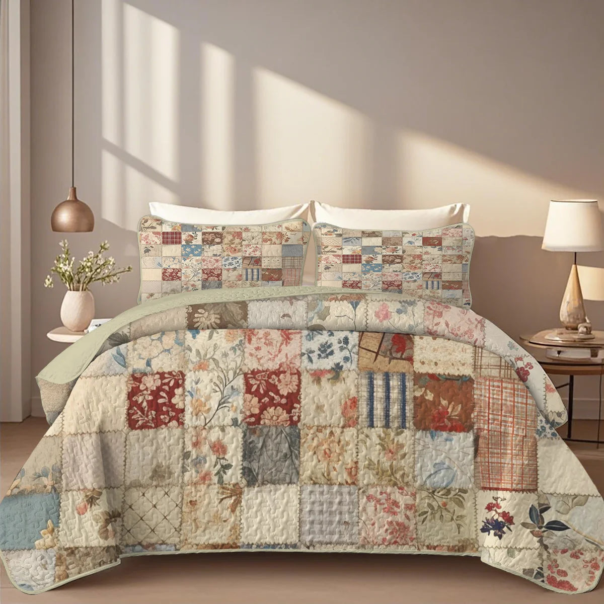 2/3-Piece Geometric Grid Printed Quilt Set – Cal King Size, Lightweight & Breathable