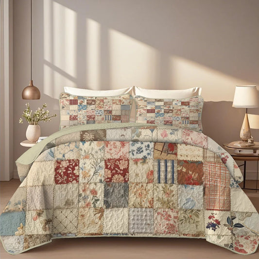 2/3-Piece Geometric Grid Printed Quilt Set – Cal King Size, Lightweight & Breathable