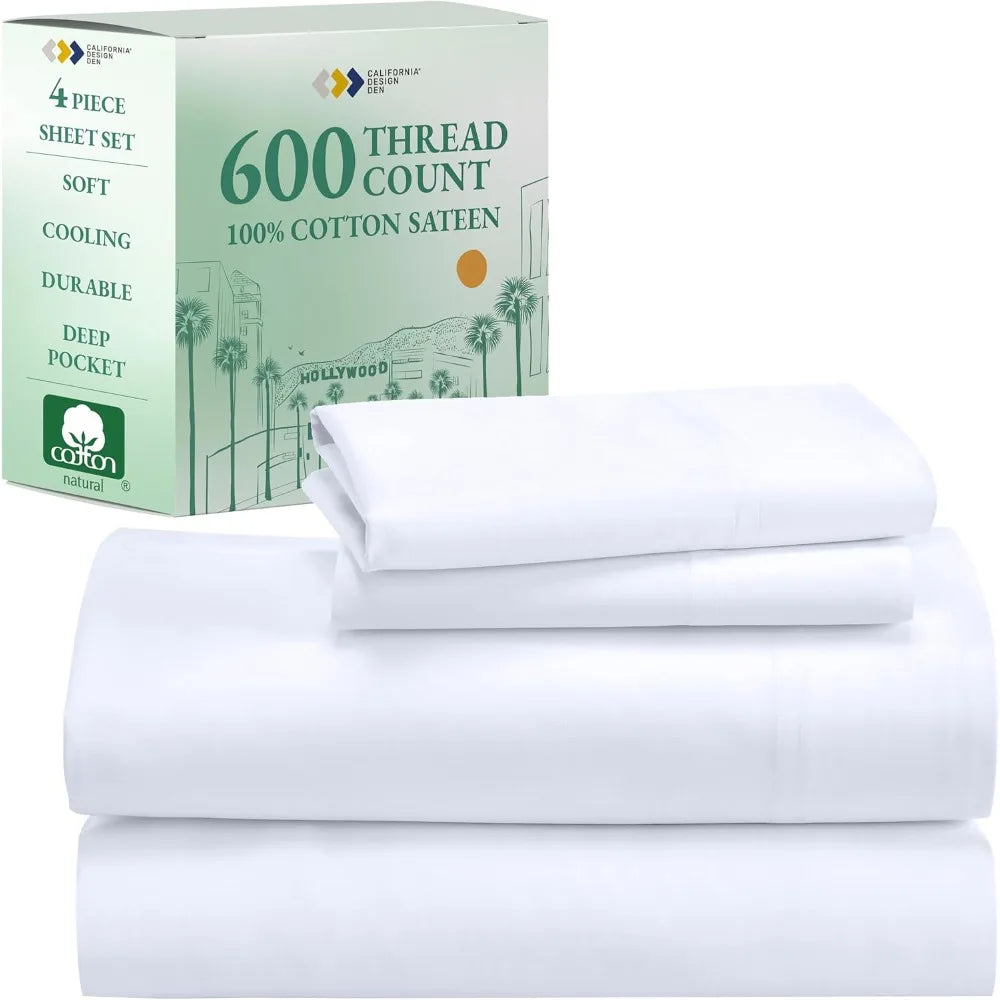 Luxury 600 TC Cotton Sateen Sheet Set – Queen Size, Deep Pocket