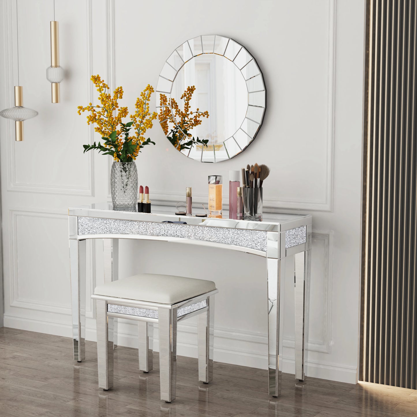 47.2" Mirrored Silver Console Table with Crystal Inlay – Modern Chic Sofa Table for Living Room, Entryway, or Foyer