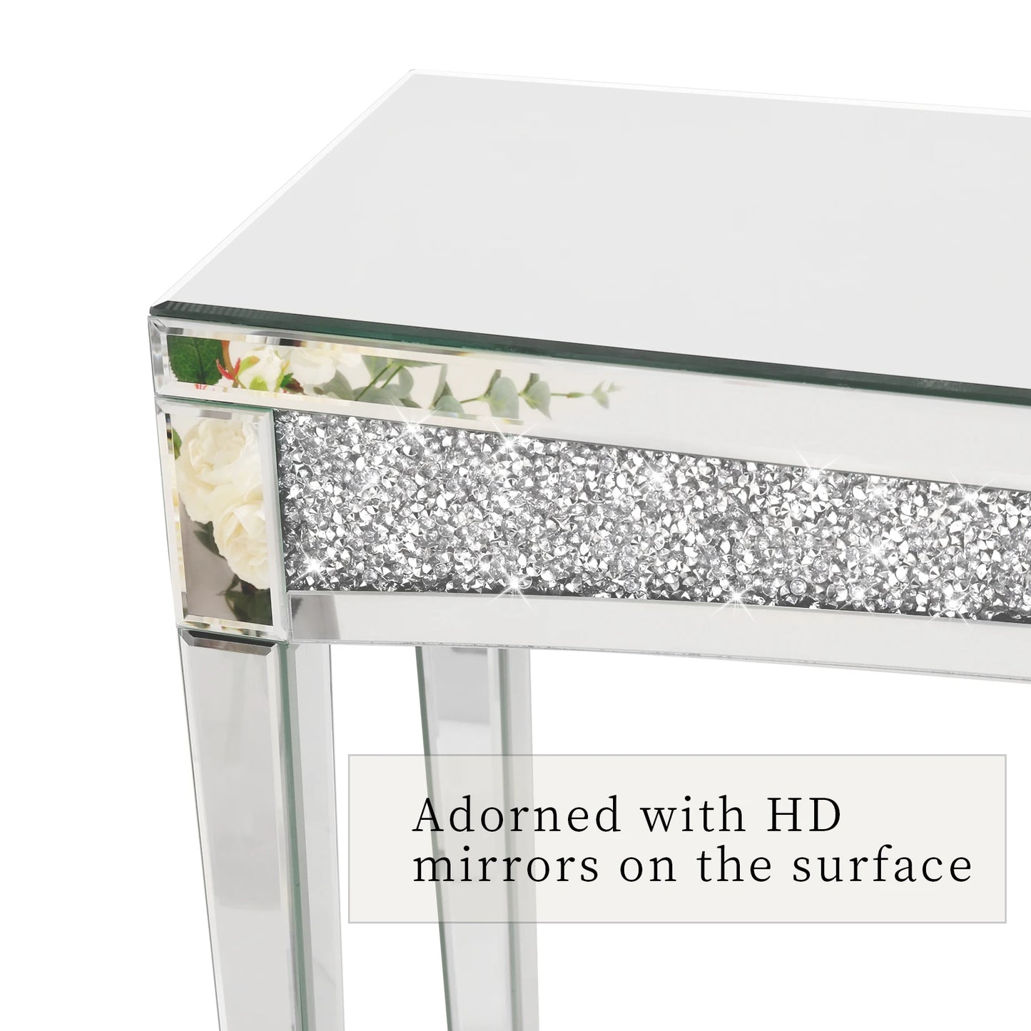47.2" Mirrored Silver Console Table with Crystal Inlay – Modern Chic Sofa Table for Living Room, Entryway, or Foyer
