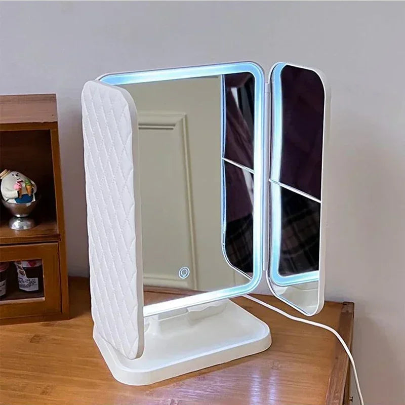Trifold LED Makeup Mirror – Adjustable Light & Magnification ✨