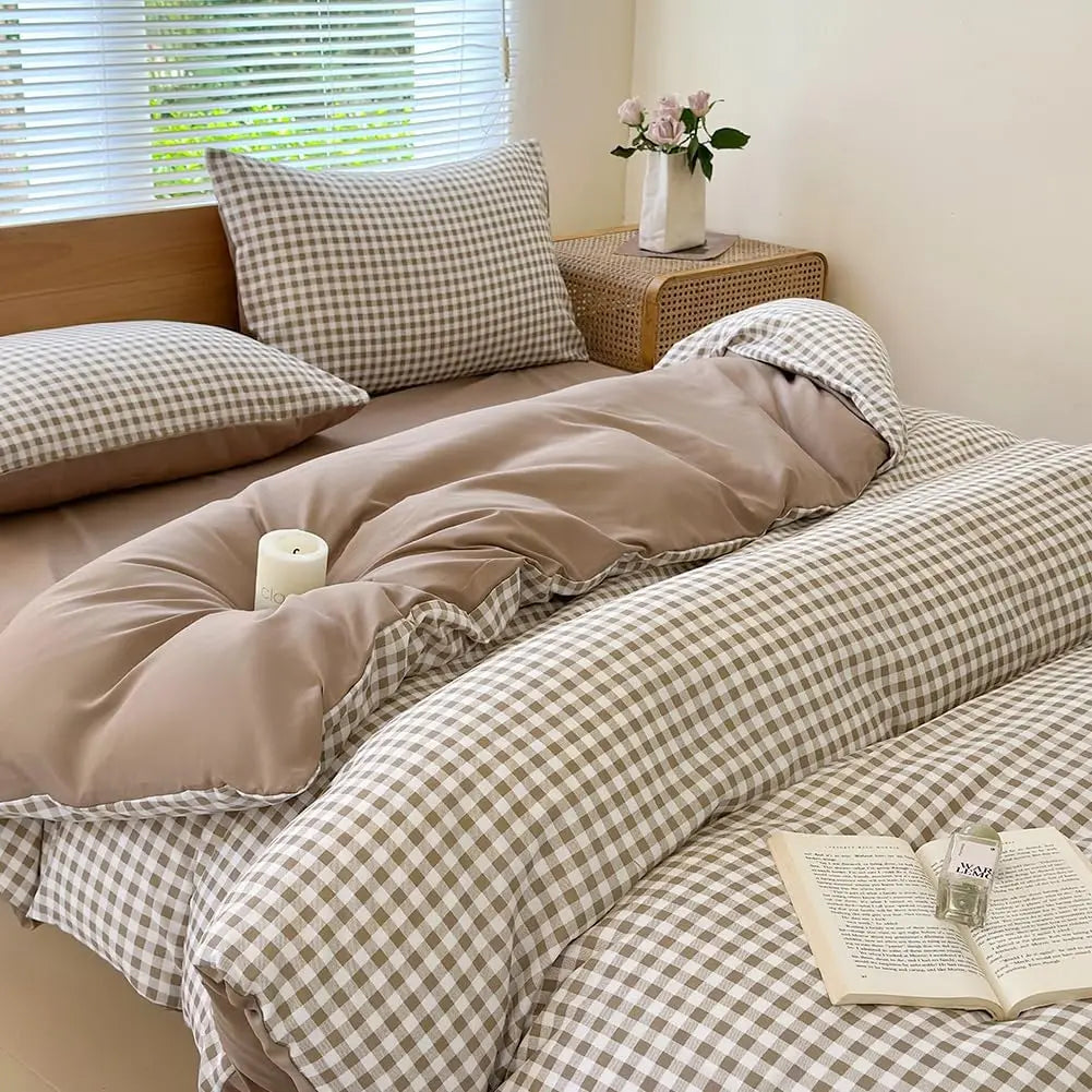 Queen Gingham Plaid Duvet Cover Set – Tan Washed Microfiber, Soft & Lightweight Bedding