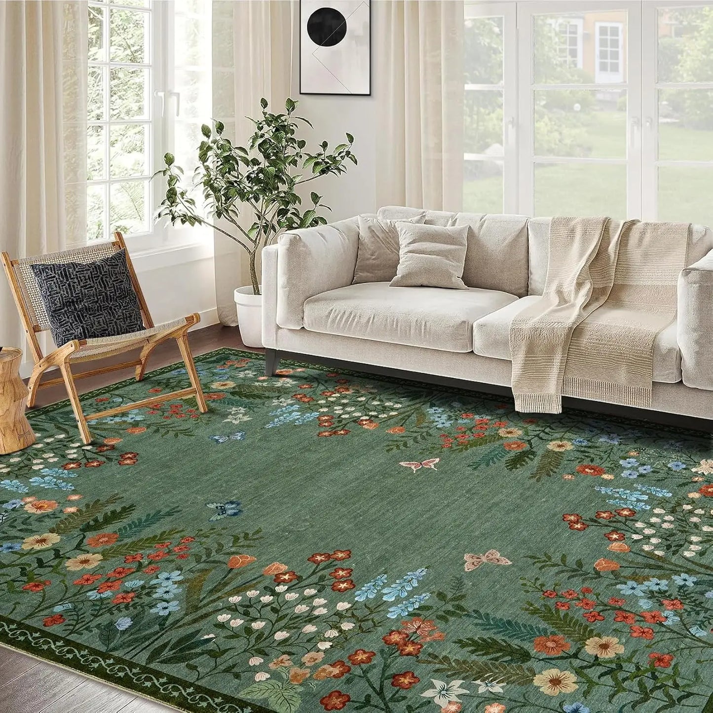 Boho Washable Rugs for Entryway – Soft Floral Area Rug, Non-Slip Indoor Carpet